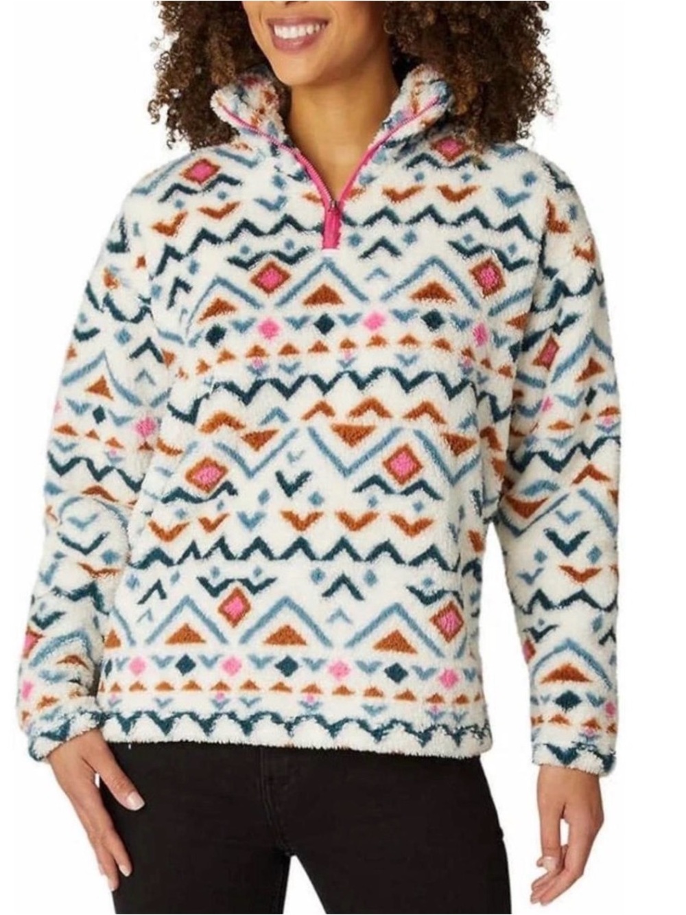 Eddie Bauer White Multi Aztec Quarter-Zip Sherpa Pullover